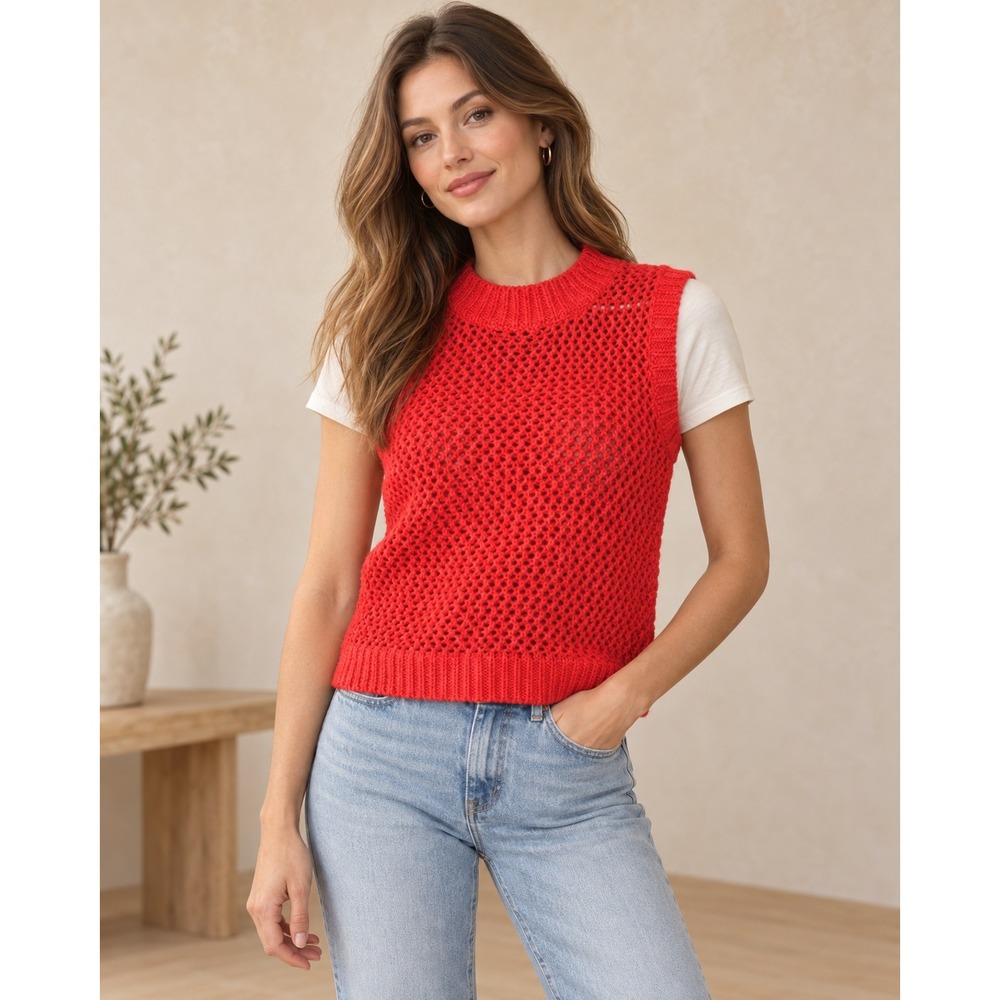 Self Contrast Women's Small Red Orange Crochet Open Knit Sweater Vest